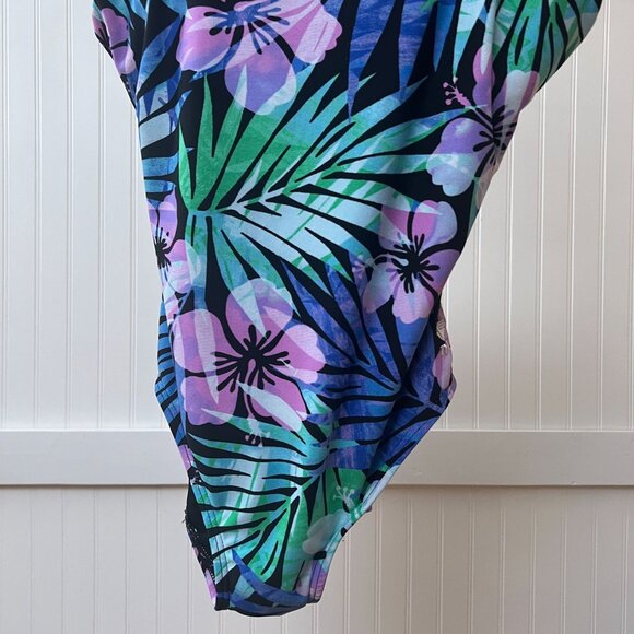 TYR One Piece Swimsuit Tropical Flowers Leaf Pattern Pink Purple Green - Picture 5 of 11